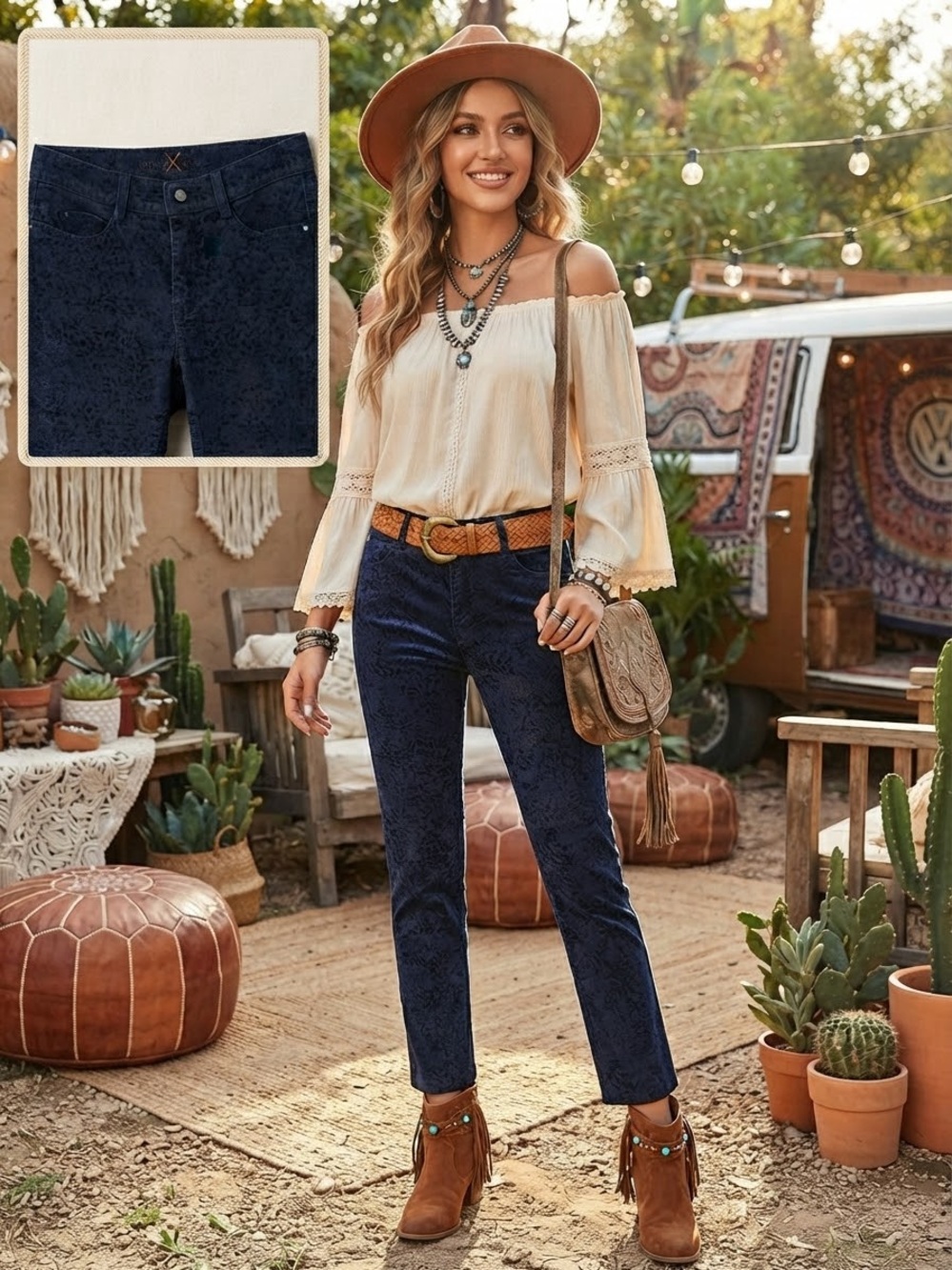 MAC Dream Jeans Velvet Brocade Pattern Blue Boho Pants EU 36 / US 6